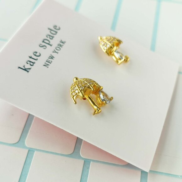 Kate Spade Rain or Shine Pave Umbrella Gold Stud Earrings with dust bag - Picture 2 of 3